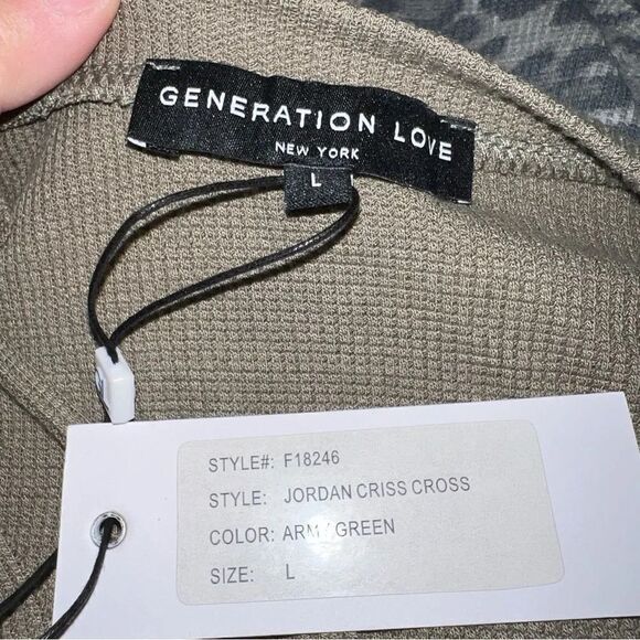 Generation Love Army Green Jordan Criss Cross Waffle Knit Ribbed L/S Size Large - Picture 3 of 7
